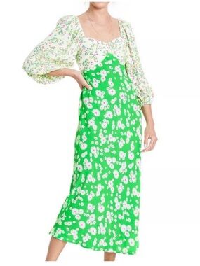 RIXO Green and White Daisy Midi Dress with Puff Sleeves XXL